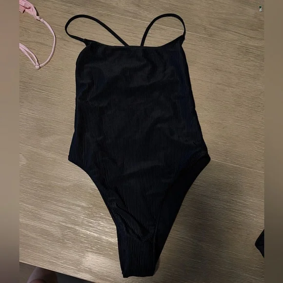 Frankie's Bikinis Black Ribbed Crisscross Back One-Piece Swimsuit - Picture 2 of 6